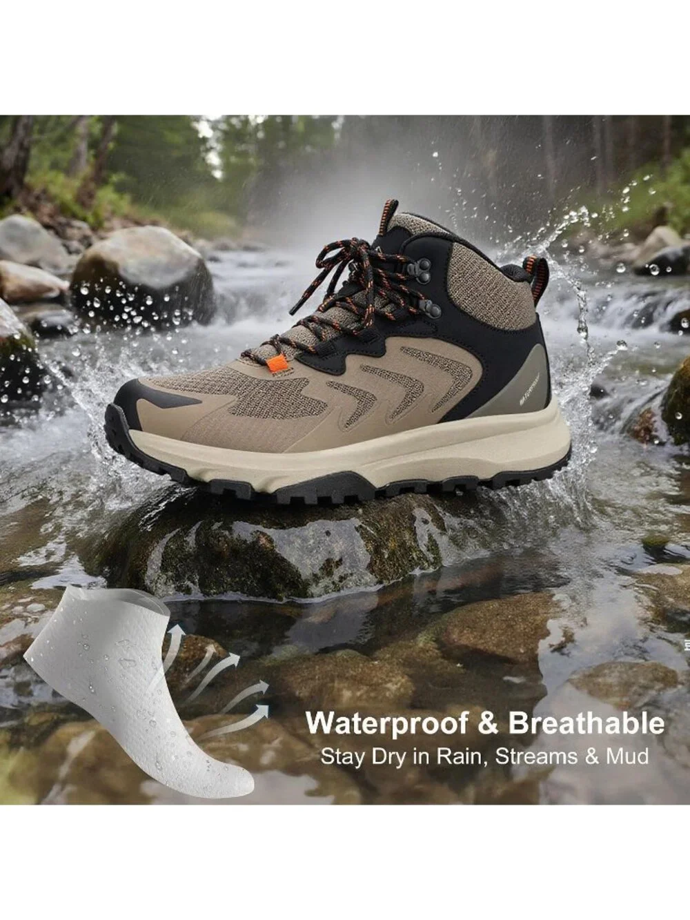 Men's Brown Waterproof Shoes Casual Solid Mid Top Cap Toe Non Slip Hiking Boot